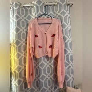 SHEIN Pink Cardigan with Strawberry Embroidery